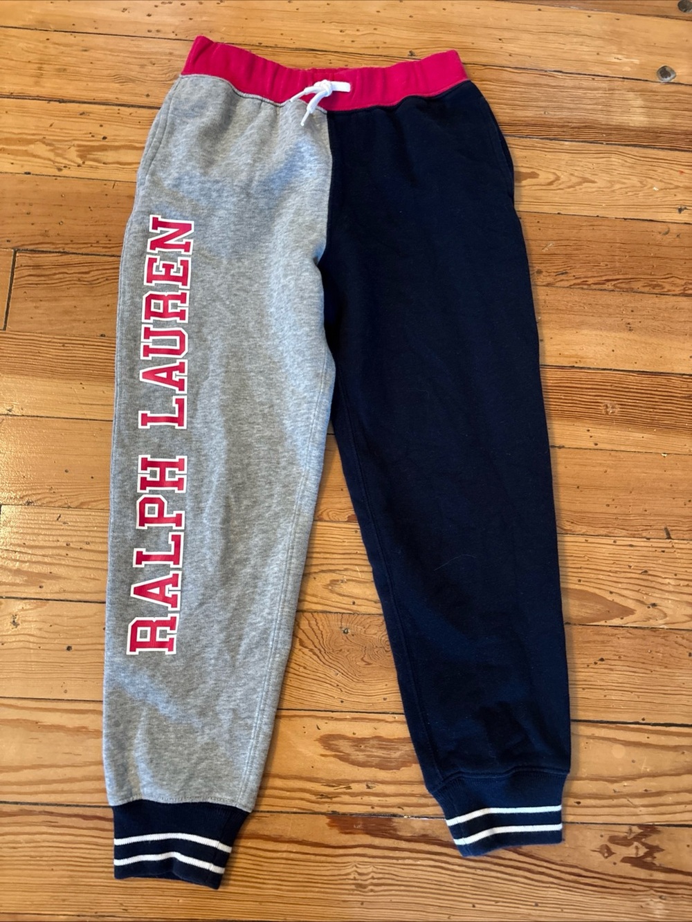 Polo Ralph Lauren Grey Pink Blue Sweatpants Girls Size Medium M 8-10 Colorblock